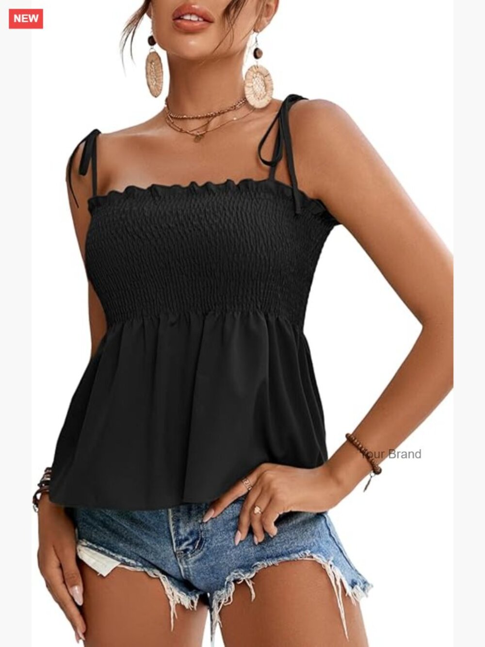 Tie Shoulder Shirred Ruffle Hem Sleeveless Cami Peplum Top